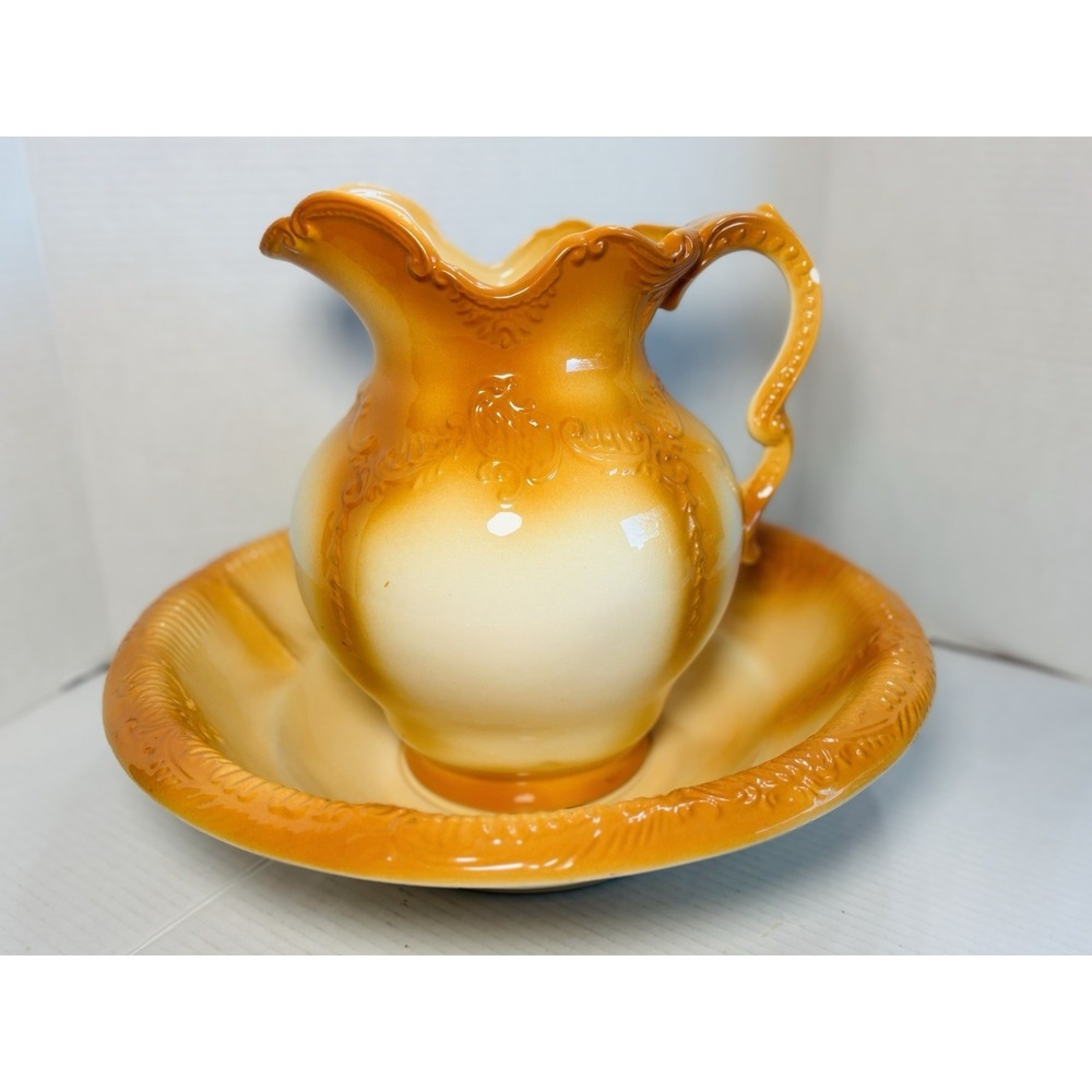 GORGEOUS Vintage Arnel's Pitcher & Basin Wash Set Brown‎ Drip Glaze MCM USA